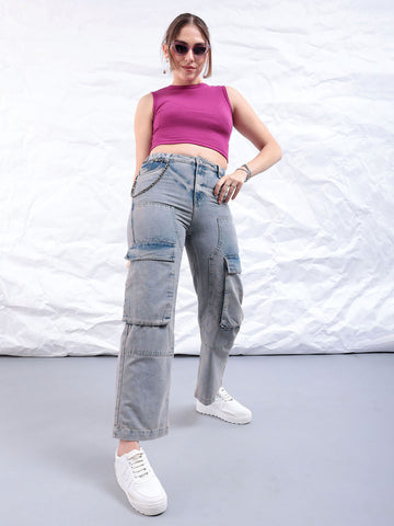 Women's Blue Carpenter Fit Solid High Rise Clean Look Cargo Denim