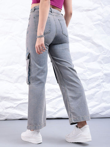 Women's Blue Carpenter Fit Solid High Rise Clean Look Cargo Denim