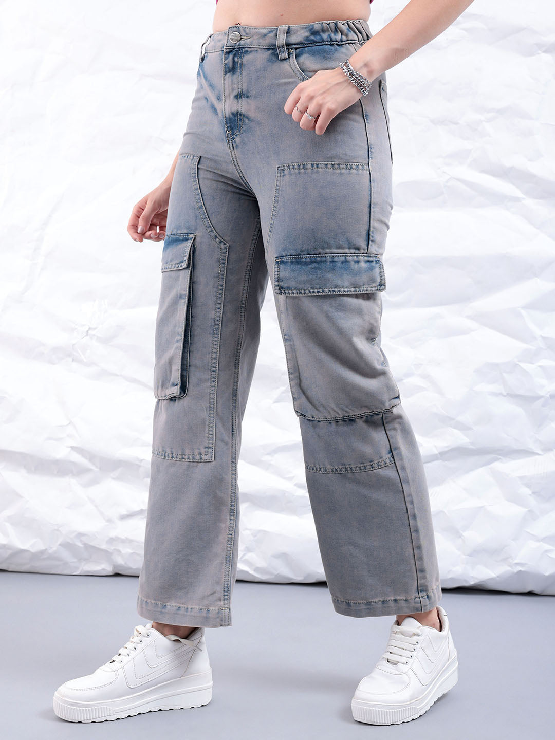 Women's Blue Carpenter Fit Solid High Rise Clean Look Cargo Denim