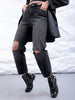 Women's Black Straight Fit Solid High Rise Distressed Jeans