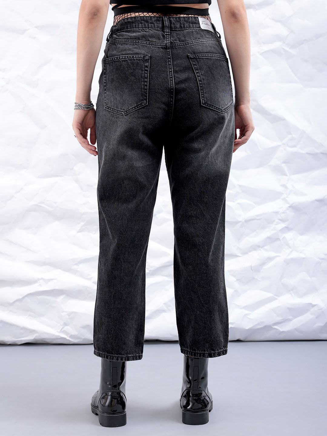 Women's Black Straight Fit Solid High Rise Distressed Jeans