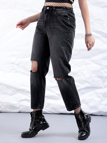 Women's Black Straight Fit Solid High Rise Distressed Jeans