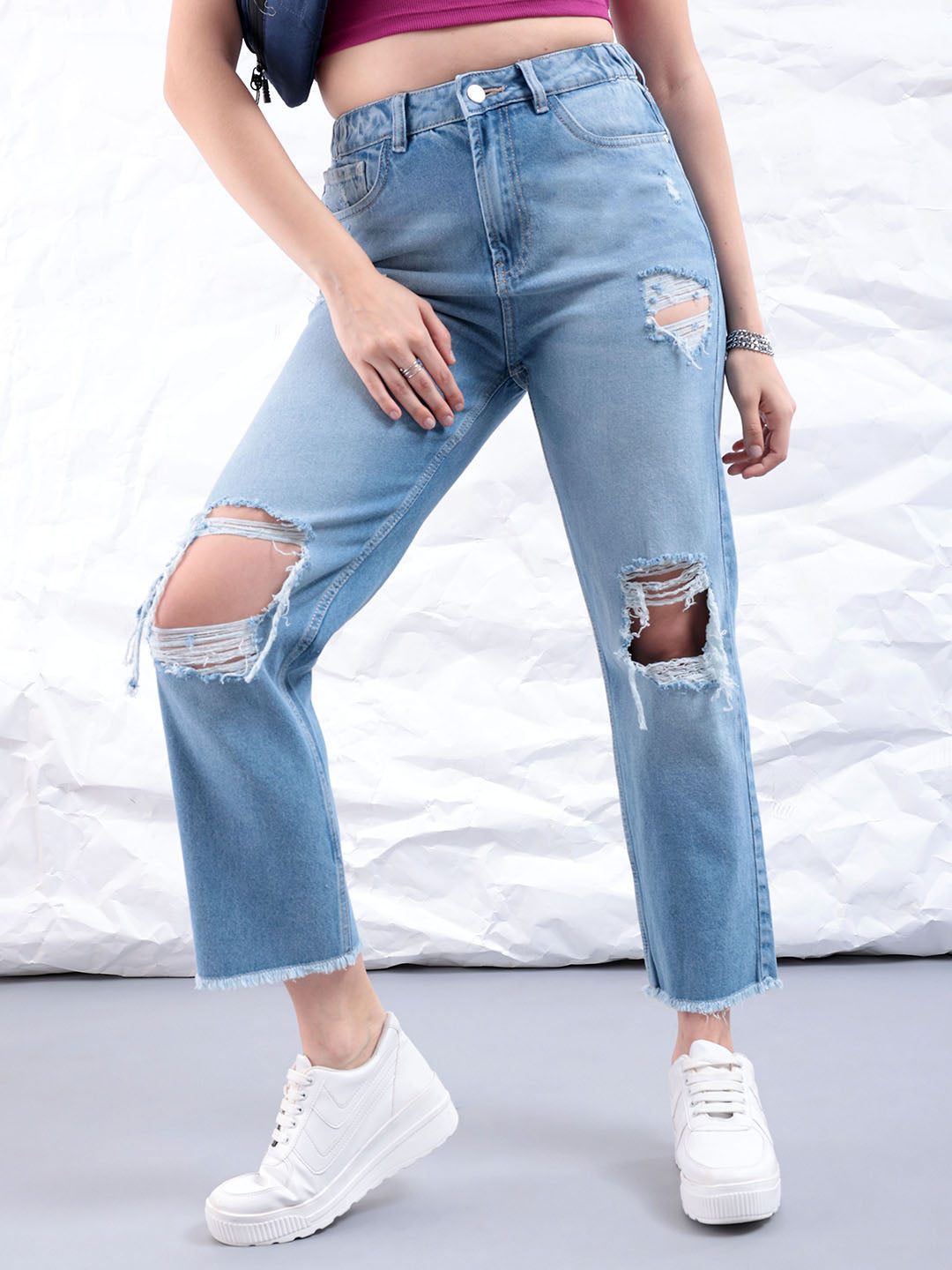 Women's Blue Straight Fit Solid High Rise Distressed Jeans