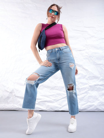 Women's Blue Straight Fit Solid High Rise Distressed Jeans