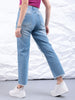 Women's Blue Straight Fit Solid High Rise Distressed Jeans
