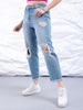 Women's Blue Straight Fit Solid High Rise Distressed Jeans