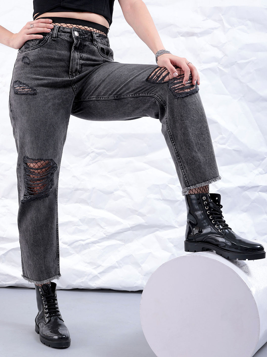 Women's Black Straight Fit Solid High Rise Distressed Jeans