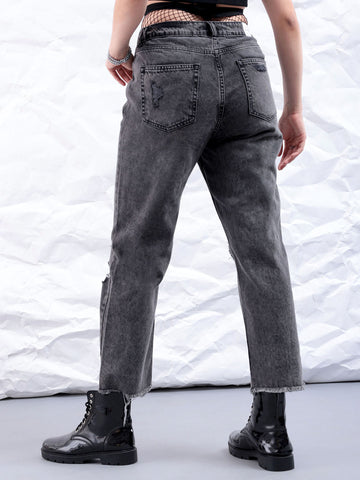 Women's Black Straight Fit Solid High Rise Distressed Jeans