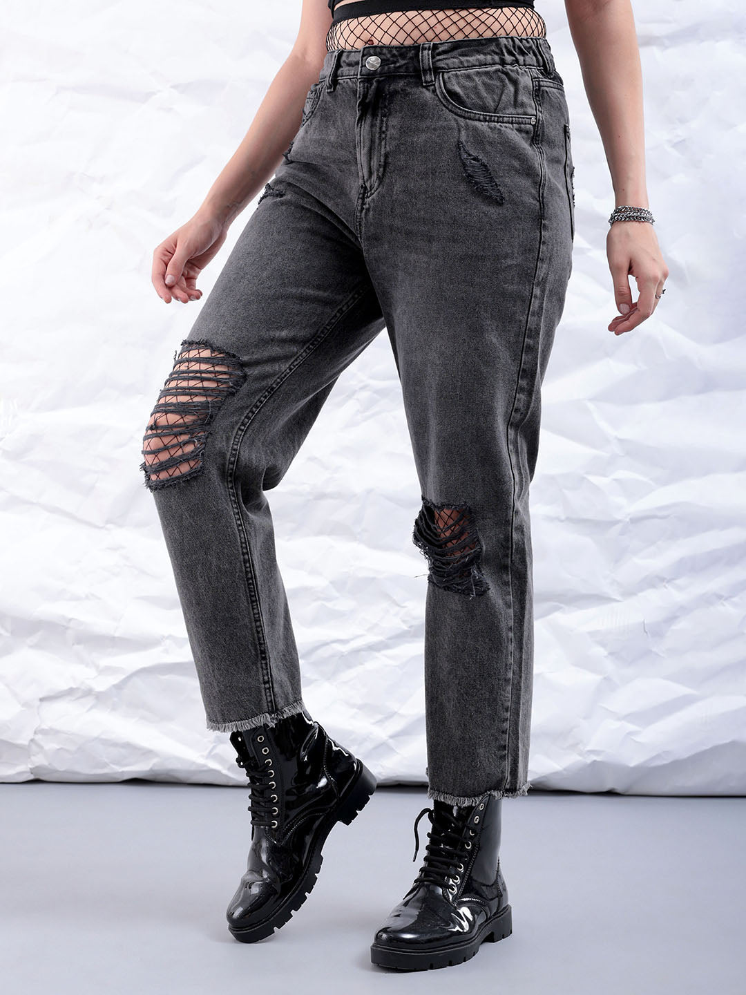 Women's Black Straight Fit Solid High Rise Distressed Jeans