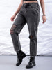 Women's Black Straight Fit Solid High Rise Distressed Jeans