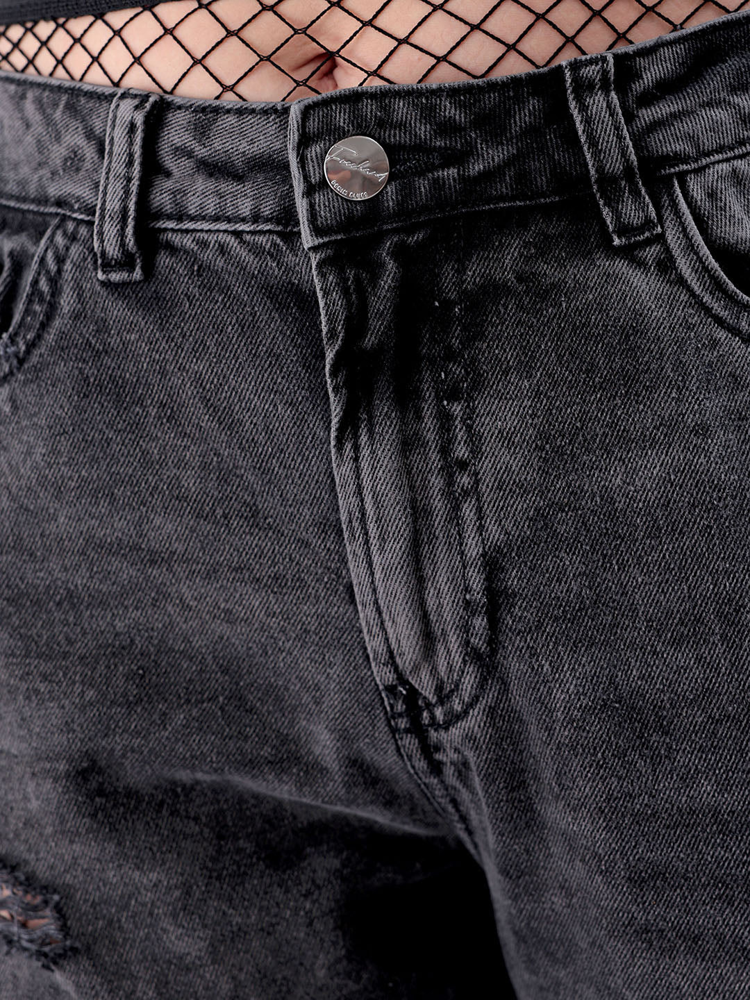 Women's Black Straight Fit Solid High Rise Distressed Jeans