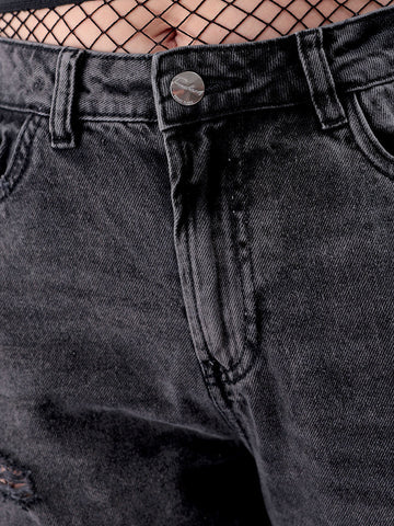 Women's Black Straight Fit Solid High Rise Distressed Jeans