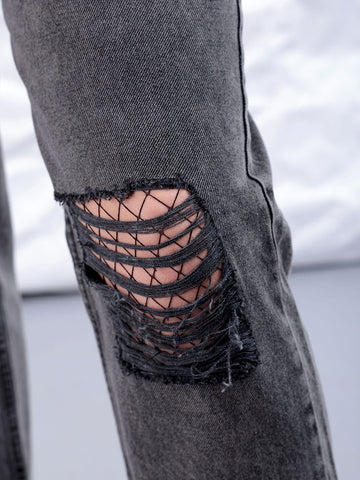 Women's Black Straight Fit Solid High Rise Distressed Jeans