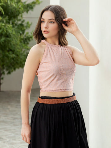 Women's Cream Fitted Lace Halter Neck Crop Top