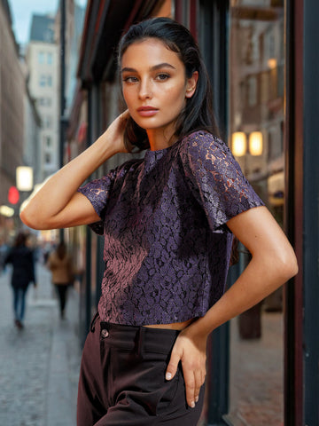 Women's Blue Regular Lace Round Neck Regular Top