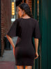 Women's Black Fitted Textured V-Neck Mini Dress