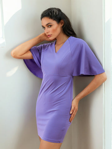 Women's Purple Fitted Textured V-Neck Mini Dress