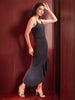 Women's Black Fitted Textured Scoop Neck Partywear Ruffle Dress