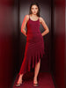 Women's Red Fitted Textured Scoop Neck Partywear Ruffle Dress
