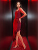 Women's Red Fitted Textured Scoop Neck Partywear Ruffle Dress