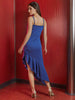 Women's Blue Fitted Textured Scoop Neck Partywear Ruffle Dress