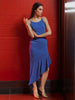 Women's Blue Fitted Textured Scoop Neck Partywear Ruffle Dress