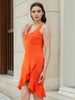 Women's Orange Fitted Textured Scoop Neck Partywear Ruffle Dress