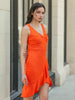 Women's Orange Fitted Textured Scoop Neck Partywear Ruffle Dress