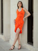 Women's Orange Fitted Textured Scoop Neck Partywear Ruffle Dress