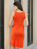 Women's Orange Fitted Textured Scoop Neck Partywear Ruffle Dress