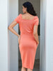 Women's Pink Fitted Textured Square Neck Wrap Dress
