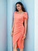 Women's Pink Fitted Textured Square Neck Wrap Dress