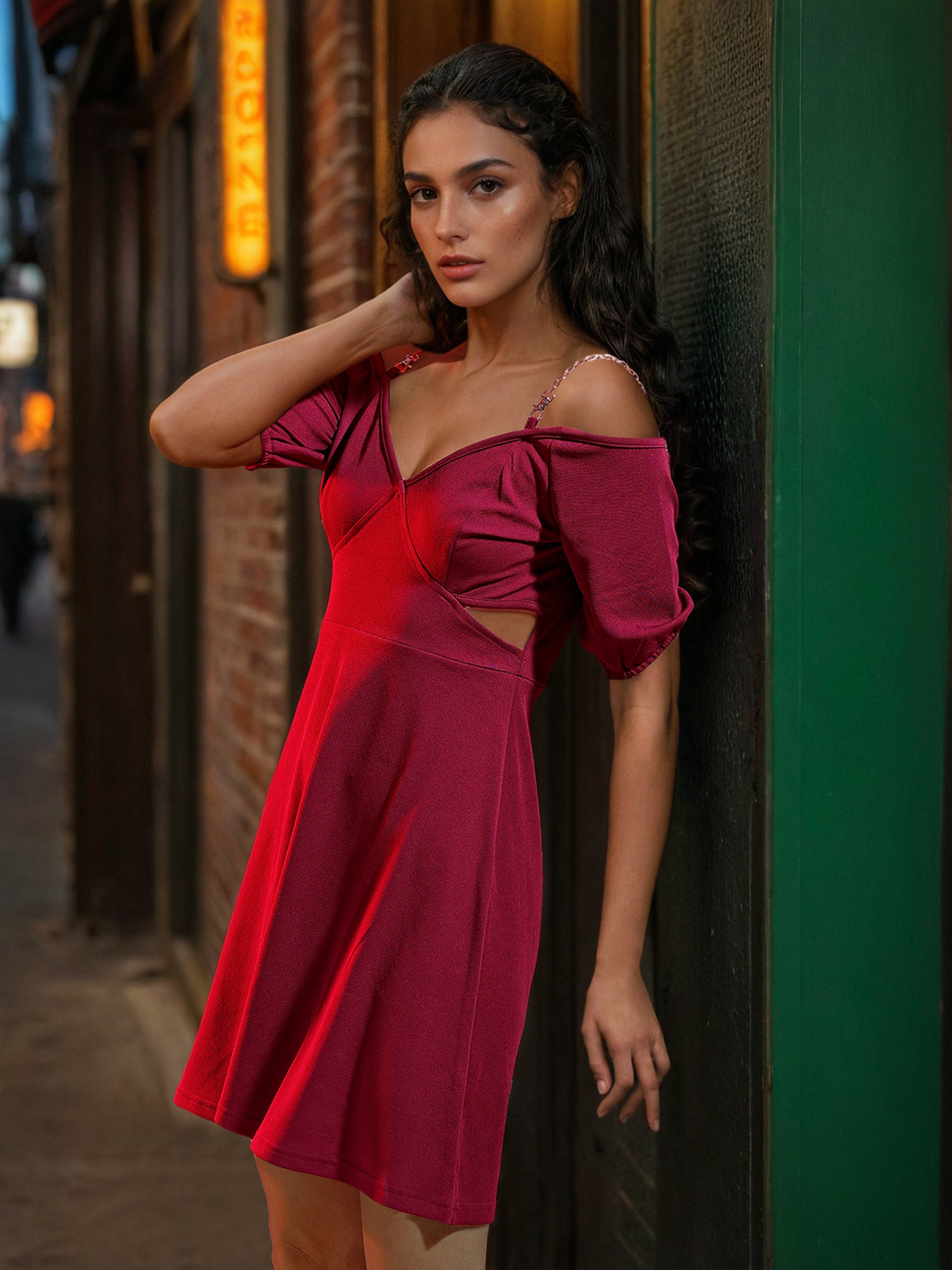 Women's Black Fitted Textured Round Neck Cut Out Dress