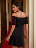 Women's Black Regular Textured Off Shoulder Partywear Skater Dress