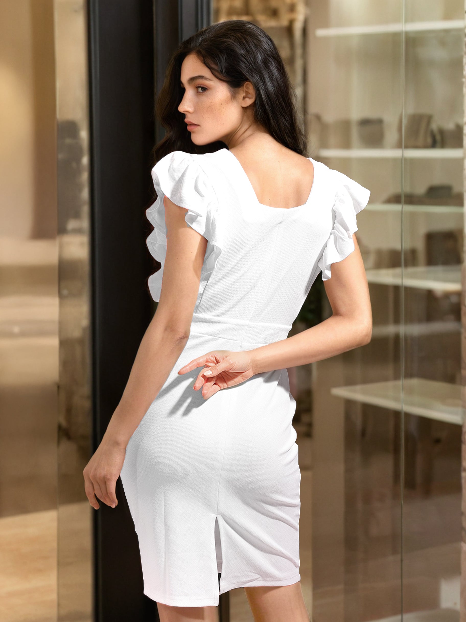 Women's White Fitted Textured V-Neck Partywear Ruffle Dress