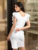 Women's White Fitted Textured V-Neck Partywear Ruffle Dress