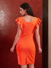 Women's Orange Fitted Textured V-Neck Partywear Ruffle Dress