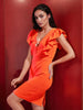 Women's Orange Fitted Textured V-Neck Partywear Ruffle Dress