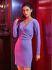 Women's Purple Fitted Textured V-Neck Wrap Dress