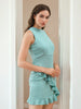 Women's Green Fitted Textured Round Neck Ruffle Dress