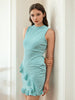 Women's Green Fitted Textured Round Neck Ruffle Dress