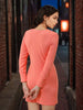 Women's Pink Fitted Textured Round Neck Partywear Cut Out Dress