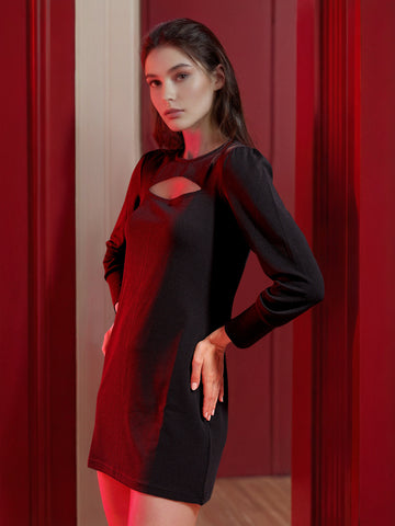 Women's Black Fitted Textured Round Neck Partywear Cut Out Dress