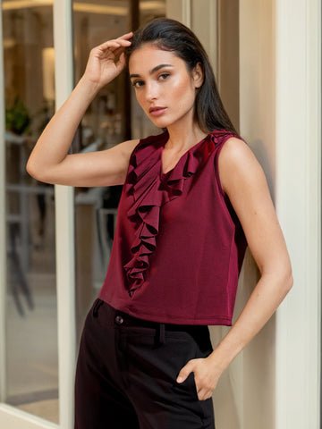 Women's Red Fitted Textured Ruffled Ruffle Top