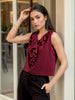 Women's Red Fitted Textured Ruffled Ruffle Top