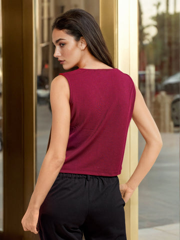 Women's Red Fitted Textured Ruffled Ruffle Top