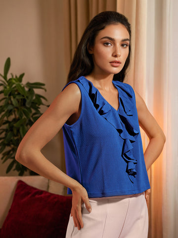 Women's Blue Fitted Textured Ruffled Ruffle Top