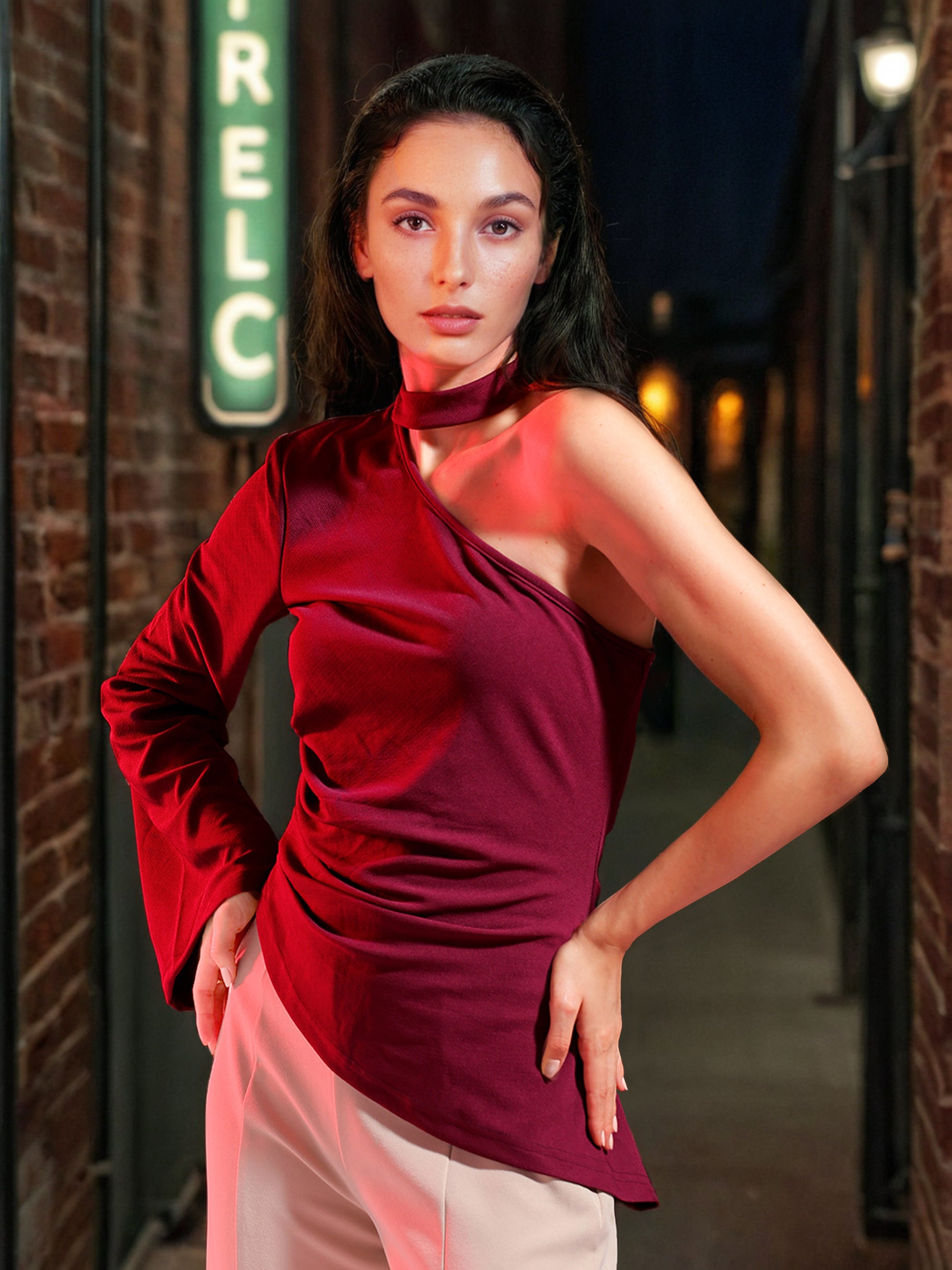 Women's Red Fitted Textured One Shoulder One shoulder Top