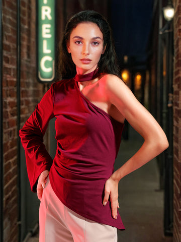 Women's Red Fitted Textured One Shoulder One shoulder Top