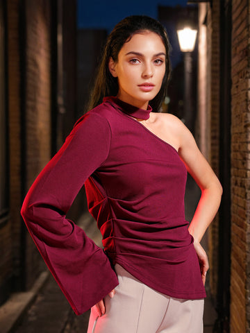 Women's Red Fitted Textured One Shoulder One shoulder Top